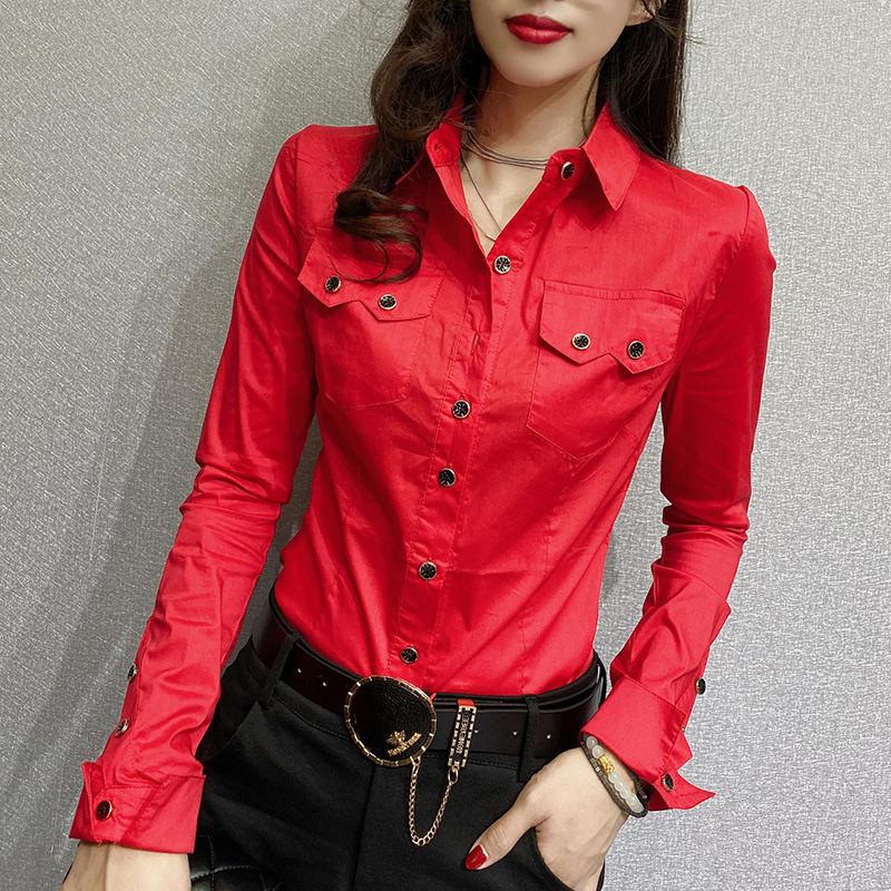 Office Lady Slim Solid Color Blouse Fashion Pockets Spliced Spring Autumn Chic Single-breasted Women's Clothing Polo-Neck Shirt
