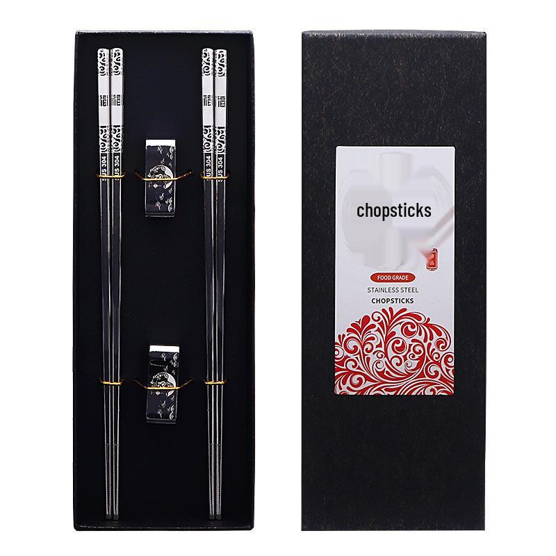 304 Stainless Steel Chopsticks & Rests Gift Set with Laser Black and White Logo