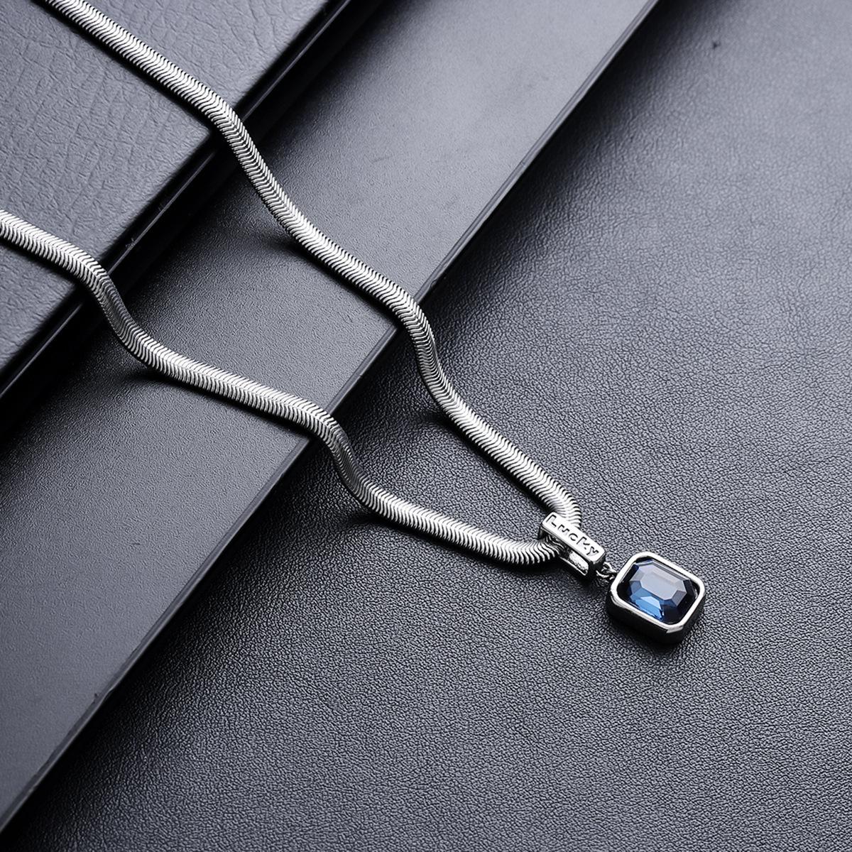 Blue Crystal Pendant Herringbone Chain Necklaces for Men Women Silver Plated Snake Chain Simulated Crystal Necklaces Birthstone Necklace