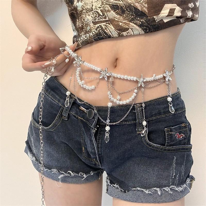 Temperamentní perlový střapec nastavitelný pasový řetízek vícevrstvý pasový řetízek pro ženy dívky elegantní univerzální střapcový pásek