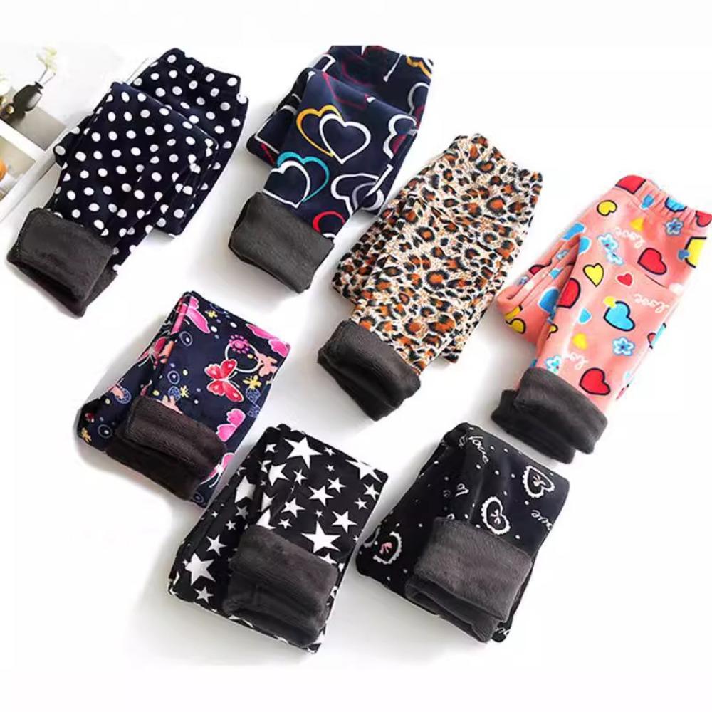 Girls' Fleece-Lined Leggings: Autumn/Winter Children's Printed Slim-Fit Thermal Pants - Outerwear Long Pants