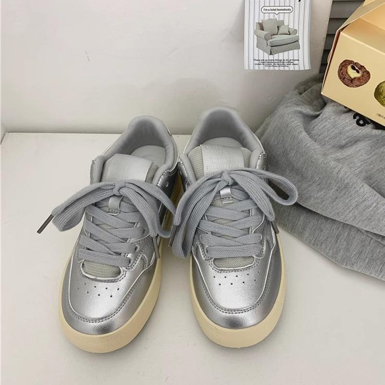 

Обувь платформа белая обувь женская 2025 новая весна ретро с утолщенной подошвой спортивная повседневная серебристая обувь для скейтборда женская 40 серебряный