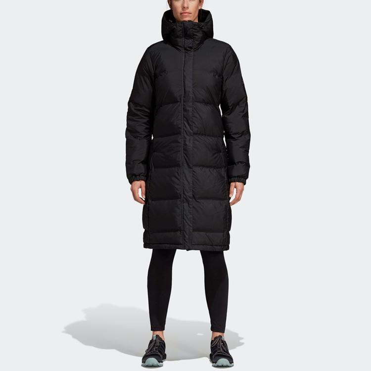 Adidas Jednobarevný dlouhý bavlněný kabát s kapucí na zip Dámské svrchní oblečení Černá CY8647