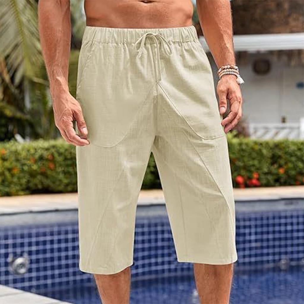 Pánské volné bavlněné a lněné kalhoty Plážové ležérní sportovní kalhoty Jednobarevné Sedmibodové šortky z bavlny a lnu