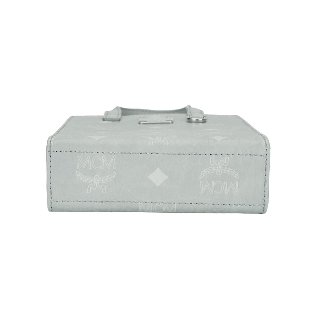 MCM Aren Monogramm-Print Abnehmbarer verstellbarer Schultergurt Beschichtetes Canvas Napa-Lederbesatz Tote Einkaufstasche Mini Damen Tote Tasche Grau MMTCSKC02FP001