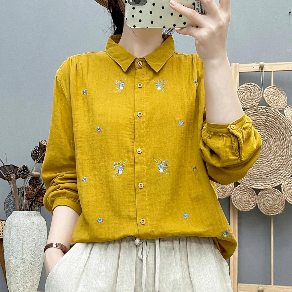 Women's Forest Style Cotton Gauze Shirt: Long Sleeve, Soft, Breathable, with Fresh Floral Embroidery