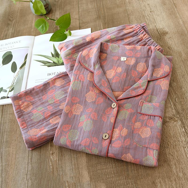 Yarn-dyed Floral Cotton Lapel Cardigan Long Sleeve Retro Home Clothes Set