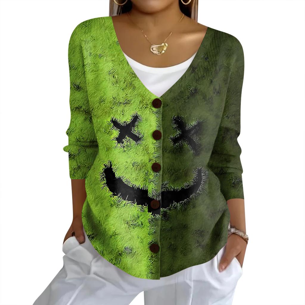 Women's Fashion Casual Knit Sweater Button-Up Halloween Printed  Cardigan Jacket