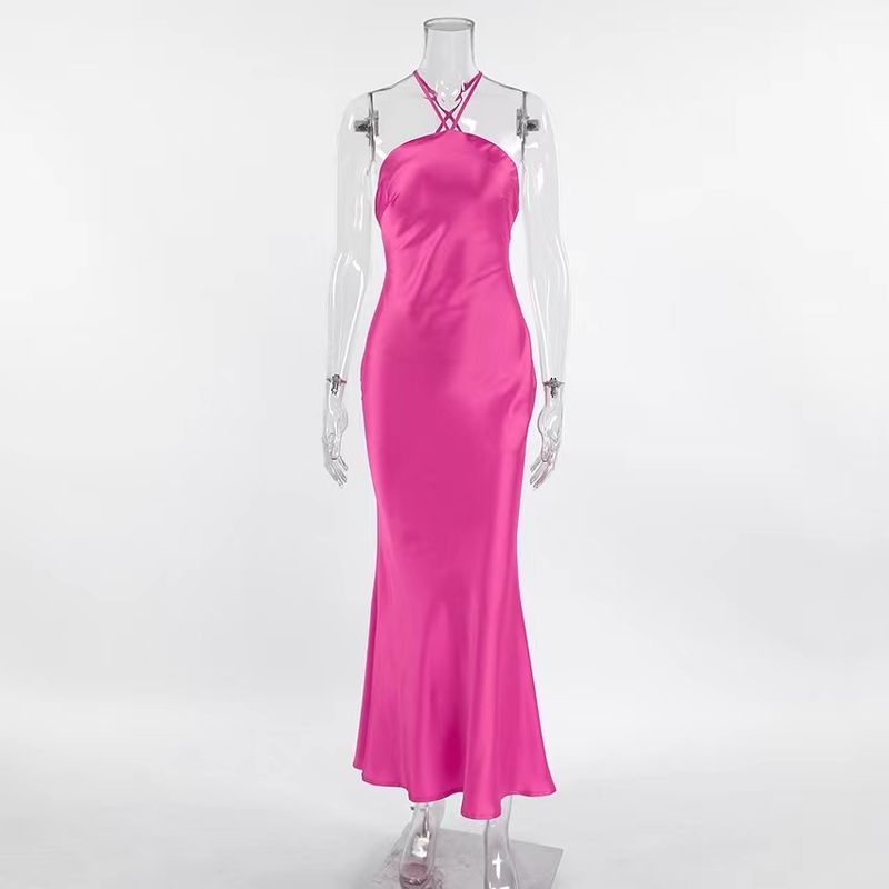 

European and American New Sexy Hanging Neck High Waist Satin Dress Fishtail Skirt Sexy Neck Hanging Dress Pink L