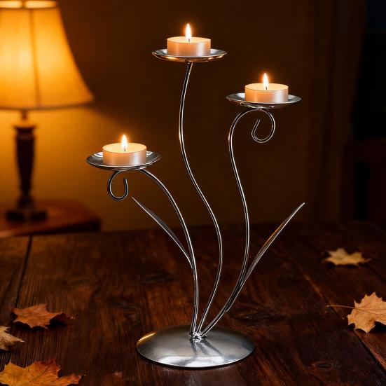 Iron Tulip Candle Holder Decoration 3-Arm Flower Candlestick Home Office Living