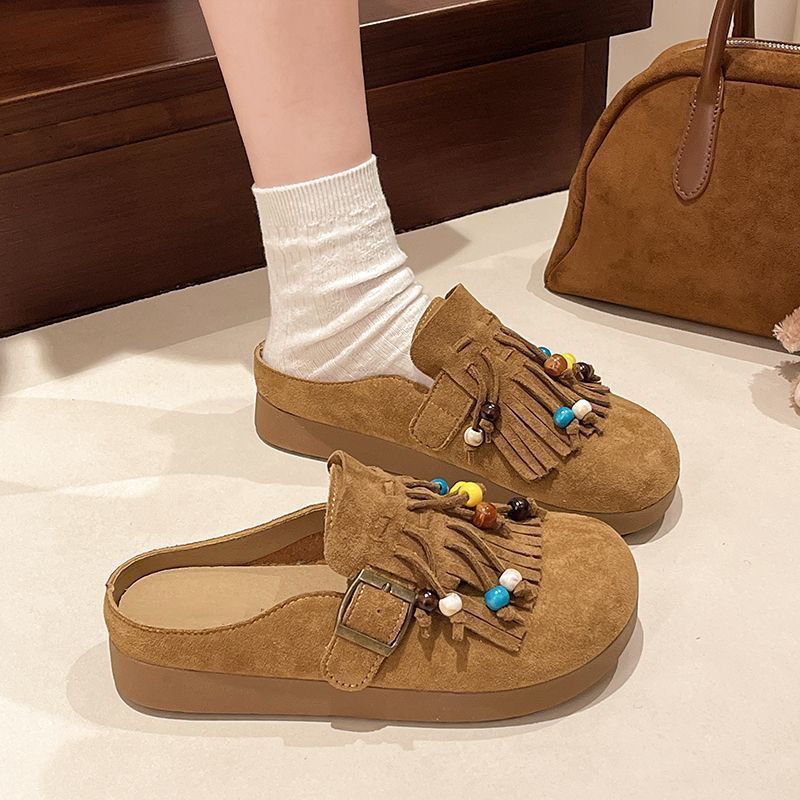 Lazy one-pedal flat-bottomed comfortable lazy shoes trendy retro fringed beaded toast single shoes women's 2025 autumn new models