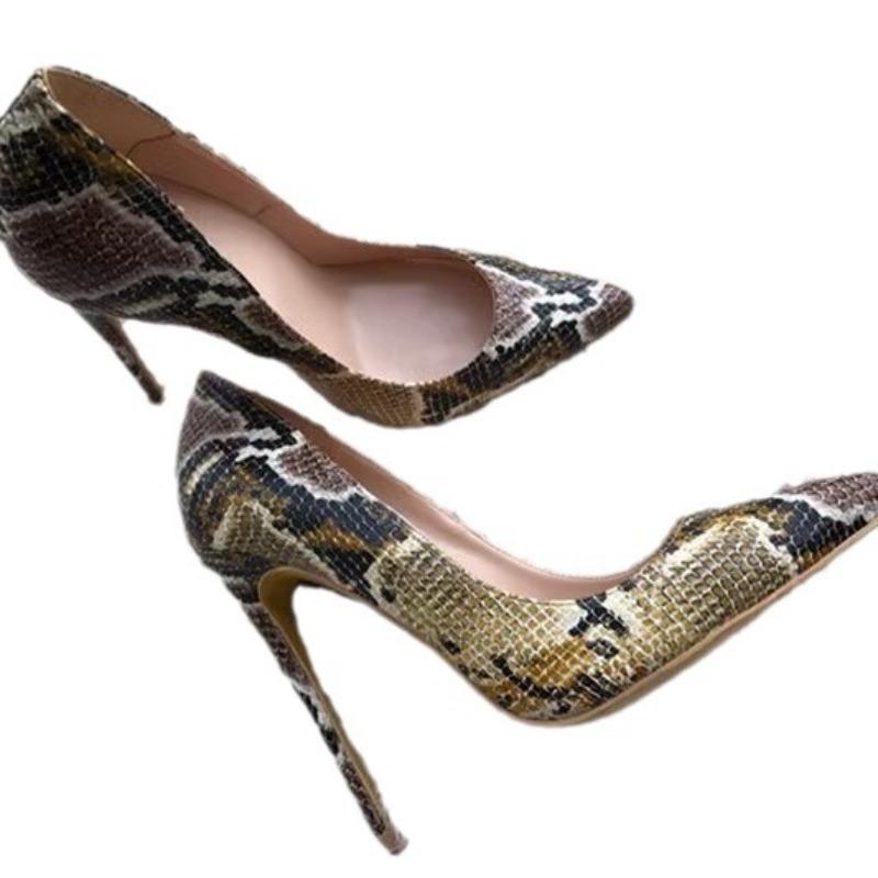 Snake pattern PU pointed head light mouth stiletto high heels brown snake pattern women's shoes