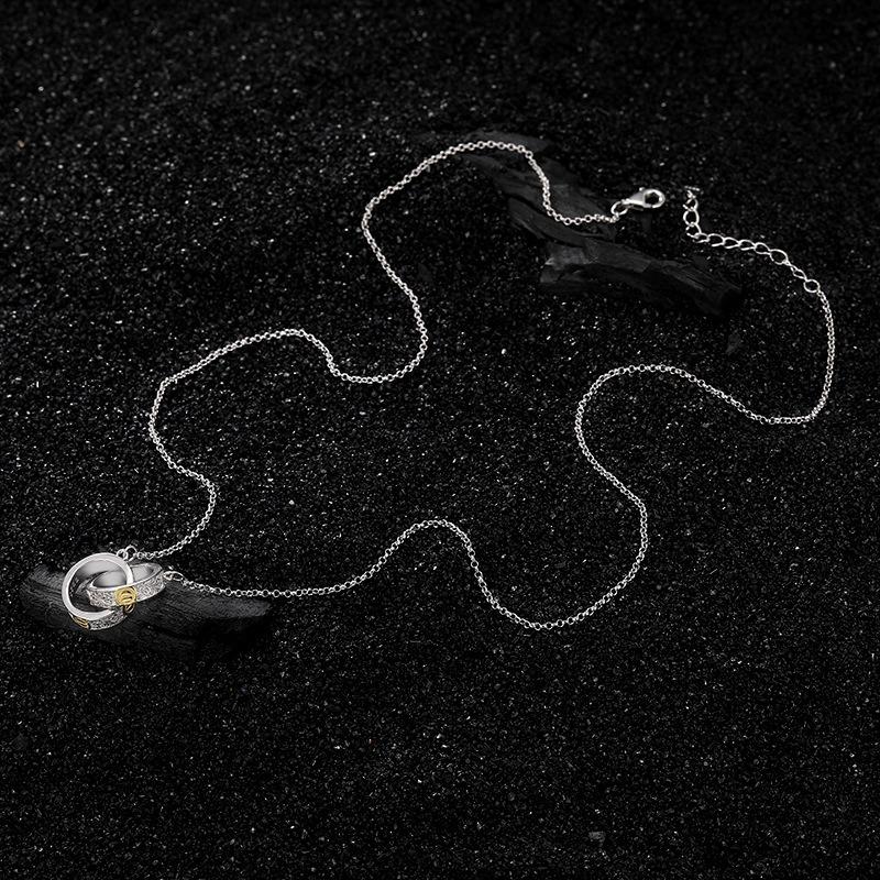 S925 Sterling Silver Double Ring Gold Tang Grass Pattern Pendant Necklace Light Luxury Women's Fashion Simple Elegance Versatile Senior Design