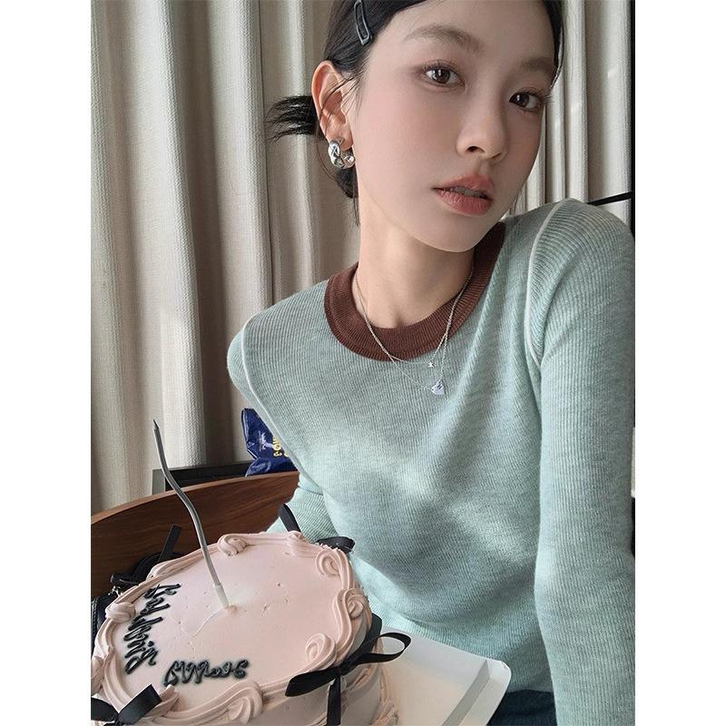 Retro Pure Contrast Color Crew Neck Long Sleeve Knitted Sweater Spring Women's Slim Skinny Green Bottom Top