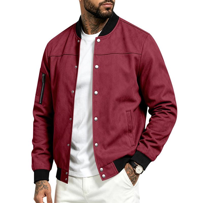 Men Faux‑Suede Bomber Jacket, Snap‑Button Front Contrast Ribbed Collar Cuffs Hem Zippered Sleeve Pocket Side Hand Pockets Casual Streetwear Outerwear