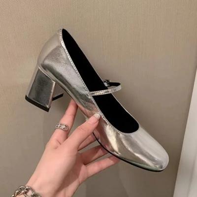 Sapatos Mary Jane de Couro Macio com Salto Grosso Fashion Franceses para Mulheres Primavera/Outono Sapatos de Salto Alto Bico Redondo Uma Fivela de Cinto Sapato Baixo para Escritório
