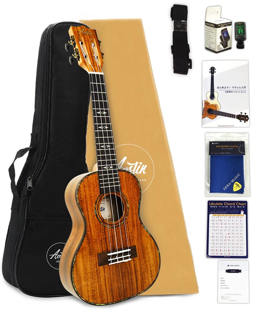 Aostin Austin Ukulele Concert Size Hawaiian Core Slotted Head AC100 Set Including Domestic Instruction Chord Gig (8-piece Warranty, Tuner, Book,