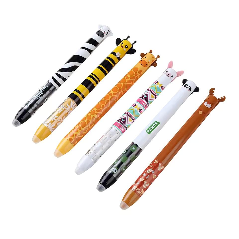 2 In 1 Erasable Gel Pen Cartoon Animals 0.5mm Blue Red Magic Ink Smooth Writing Washable Handle Office School Writing Stationery