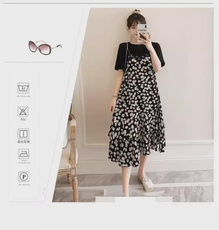 Plus Size Floral Two-Piece Long Skirt Dress - Slimming, Belly-Covering Design for Summer