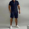 Summer Men's Polo Collar Solid Color Casual Loose Short Sleeve Elastic Waist Comfort Shorts Sports Set