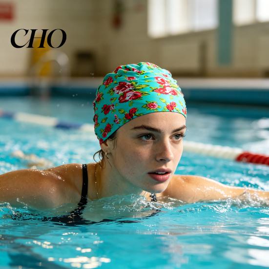 Soft Swim Cap Cloth Swimming Pool for Women, Breathable Colorful Ruffle Women Cap, Elastic Ear Protection Short Long Hair Bathing Hat Fashion Print