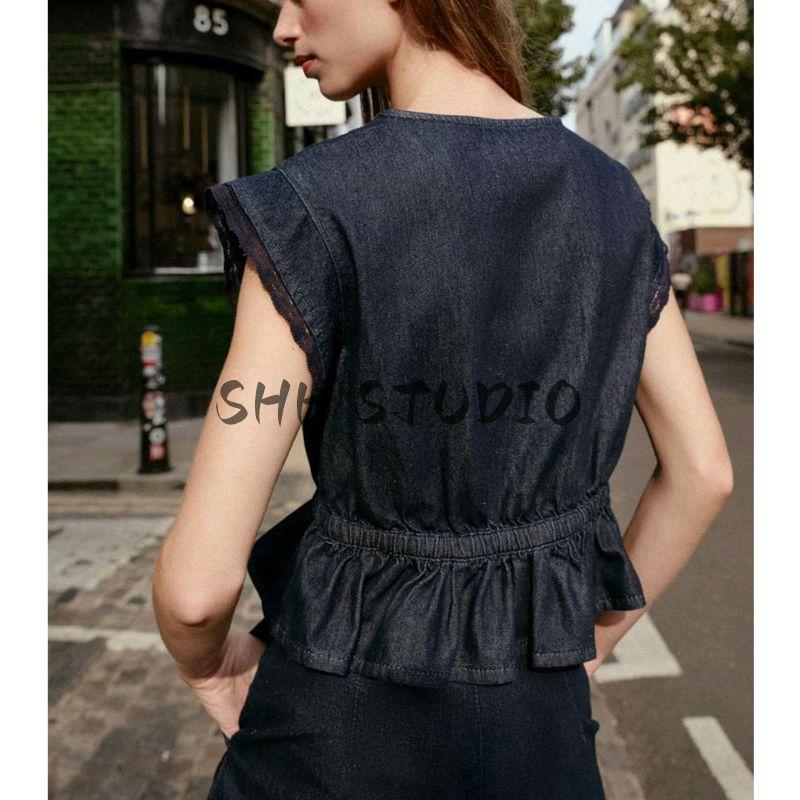 V Neck Short Sleeve Lace Denim Shirt 6147155 High Waist Lace Denim Casual Shorts 6147159