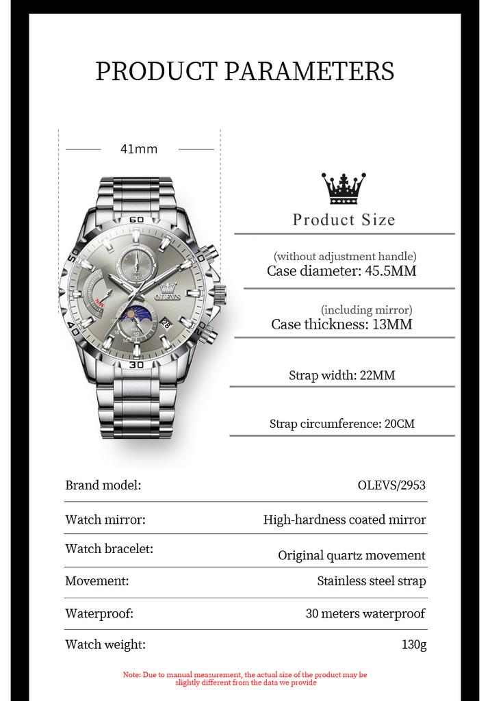 OLEVS 2953 45.5mm Big Dial Men's Watches Stainless Steel Moon Phase Waterproof Chronograph Original Quartz Wrist Watches for Man