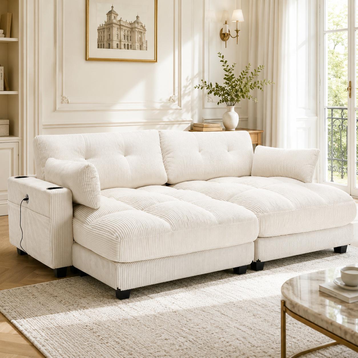Beige Corduroy Sofa, 2-Seater, Split into