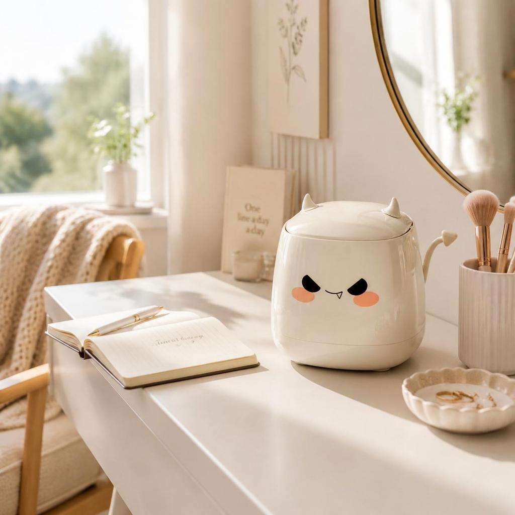 Devil Desk Trash Can Compact Size Desktop Trash Bin Flip-Top Bin Rounded Rectangular Small Storage Container Decorative Design