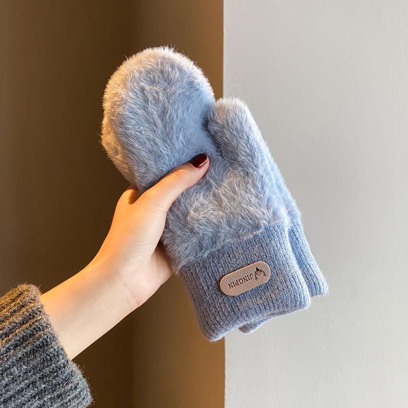 Korean Style Women's Imitation Mink Fur Gloves, Fleece-lined & Thickened for Autumn/Winter Cold Protection, Solid Color Mittens