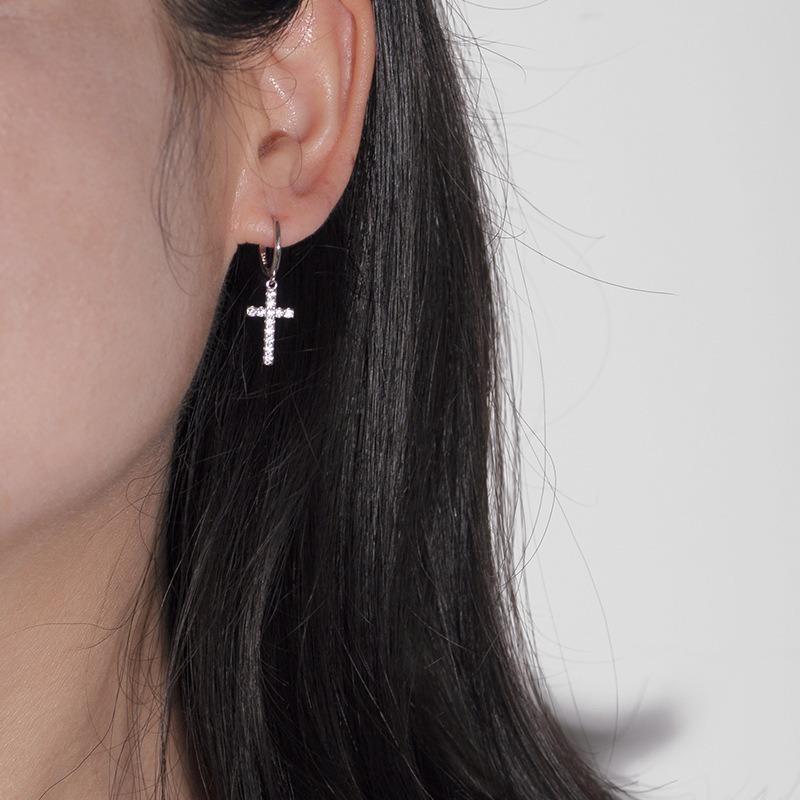 Women 925 Silver Cross Rhinestone Inlaid Hoop Dangle Earrings