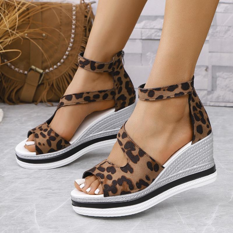 Women's Comfortable High Heel Summer Sandals - Leopard Print, Open Toe, Side Cut-Out Design with Ankle Strap & Zipper Closure, Brown & White Strappy
