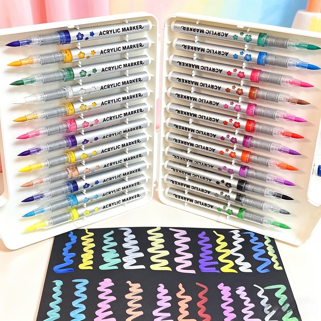 12/18/36 Colors Straight Liquid Acrylic Paint Marker Pens with Soft Brush Tip - Non-bleeding, Layerable, for Fabric, Canvas