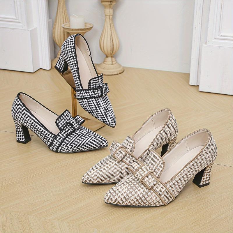 Chic Womens Houndstooth Pumps with Bow Accent - Comfortable Pointed Toe Block Heels for All-Occasion Stylish Work Wear