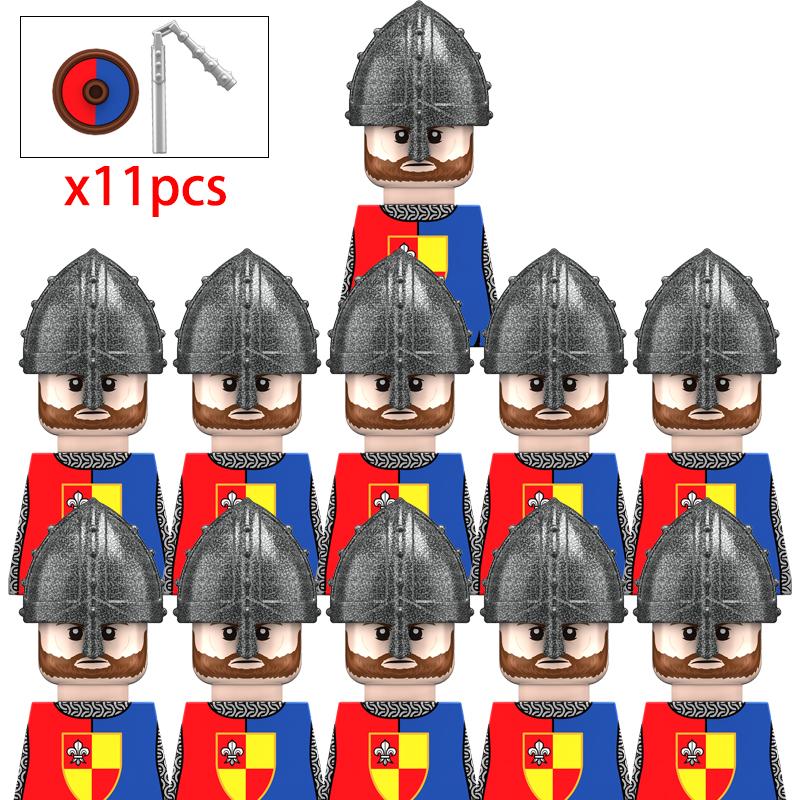 11 Silver Gray Knight Figures w Yel Edge Helm Swords Red Cross Shields White Cloaks No Baseplate
