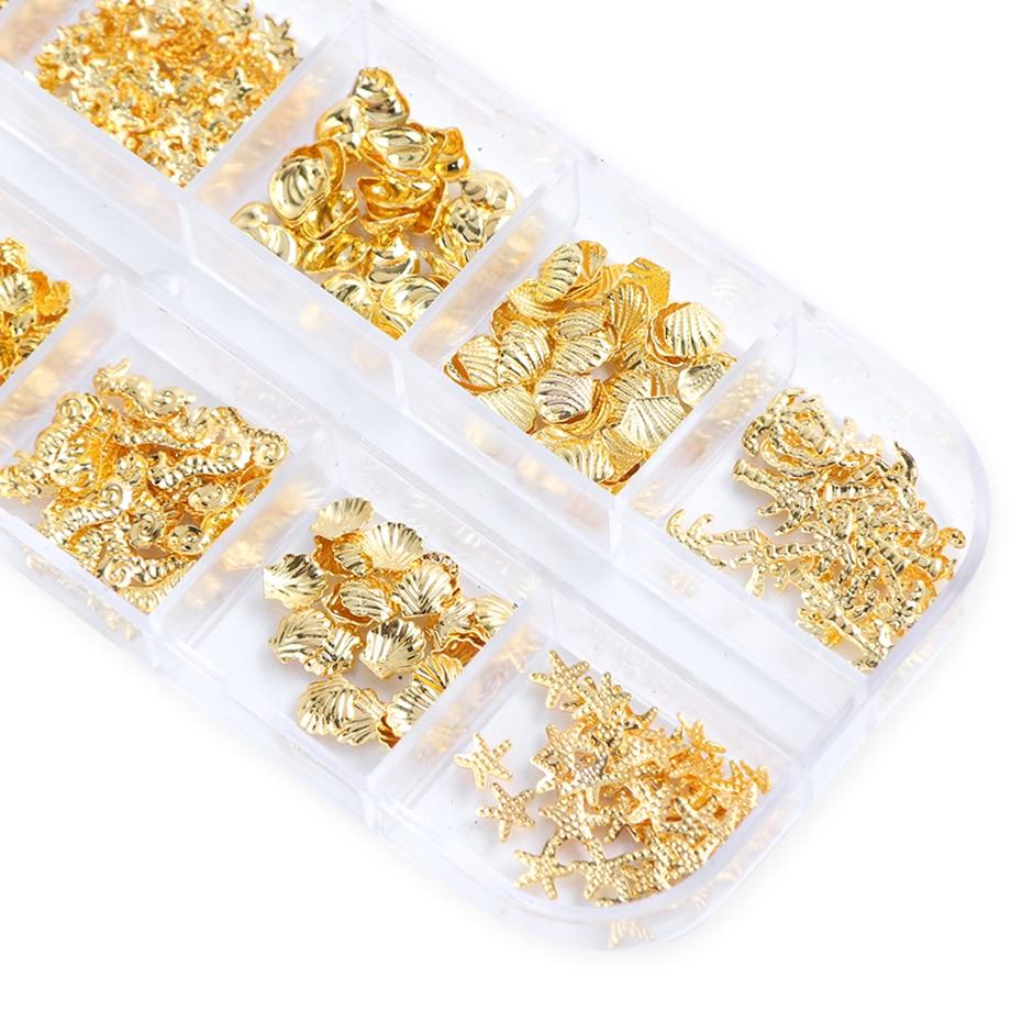 Gold Nail Art Alloy Studs Seaside 3D Decorations Sea Shell Star Feathers Charm Metal Frame Rivets Nail Sequin