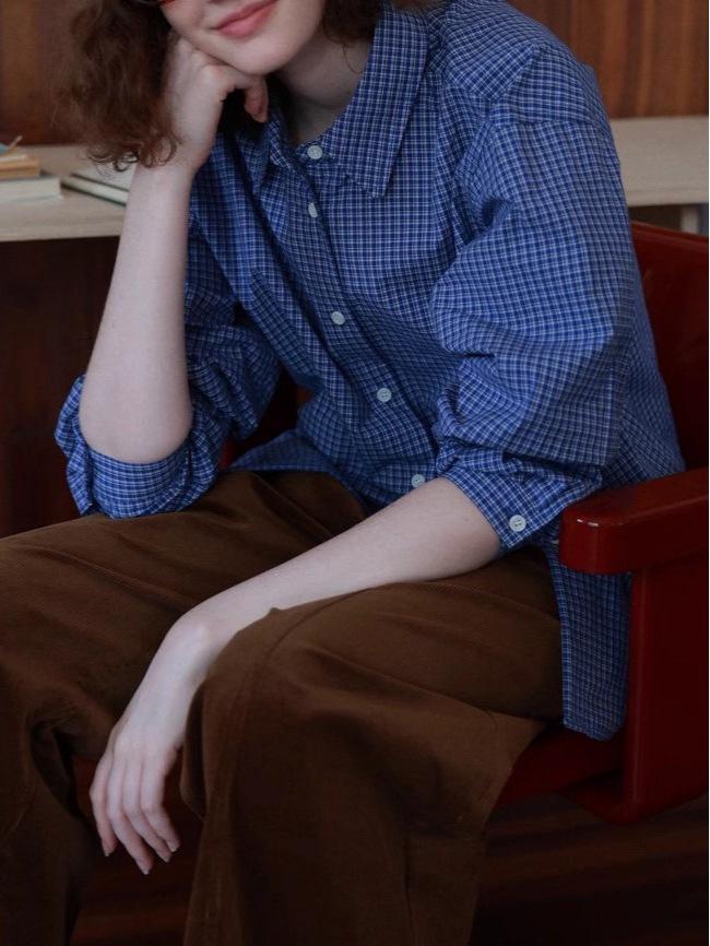 Miu Style Classic French Retro Blue Plaid Long-Sleeve Shirt for Spring and Autumn