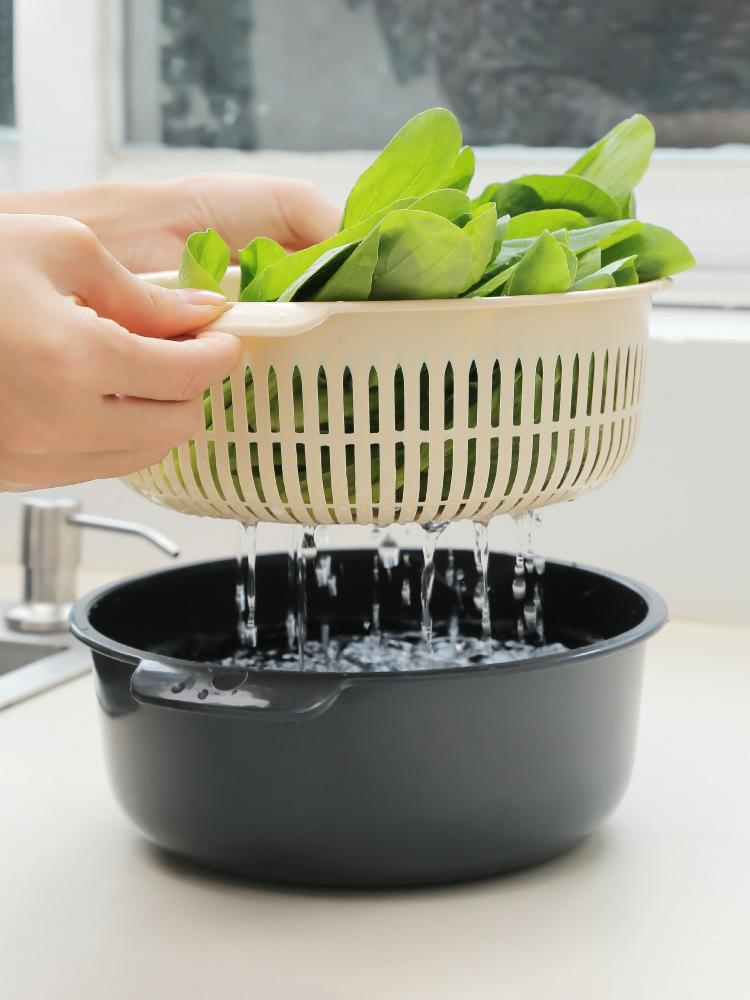 Vegetable Basin Plastic Double-Layer Drain Basket Leaky Basin Rice Vegetable Blue Vegetable Basin Household Kitchen Fruit Plate