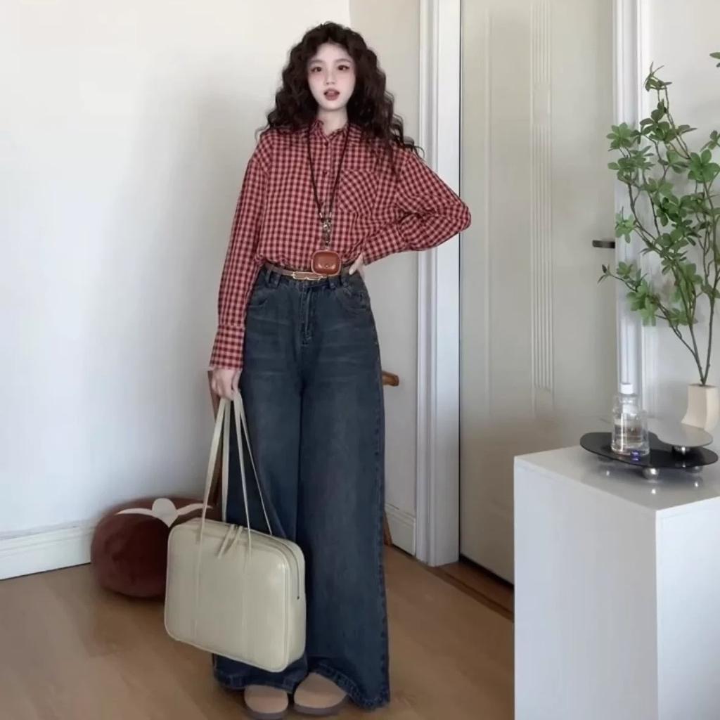 Korean retro red plaid shirt jacket women's spring and autumn casual loose temperament design sense sunscreen shirt top