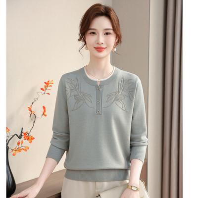Frühling und Herbst Neue Modische Basisshirt für Mittelalte und Ältere Damenbekleidung Diamantgestrickter Pullover Pullover