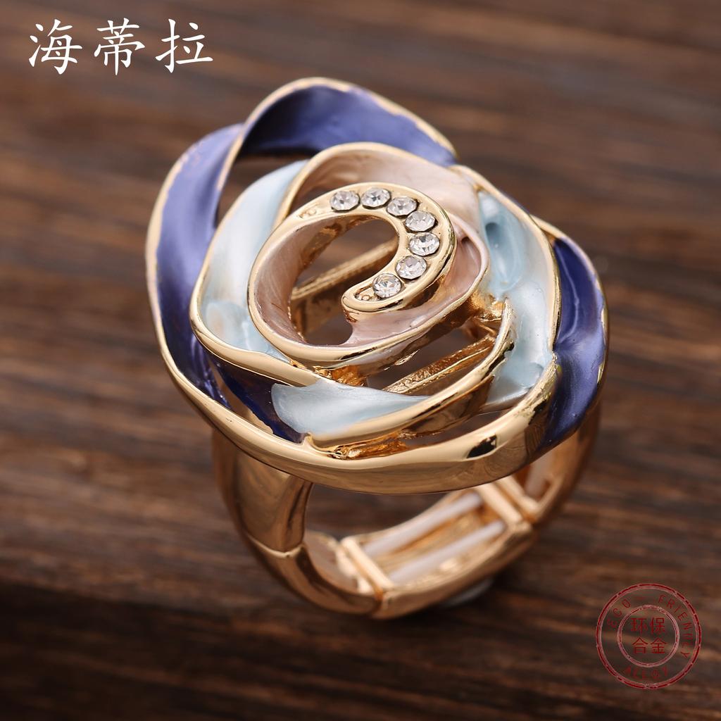 New color painting oil geometric hollow diamond flower elastic ring, high-end women's versatile ring