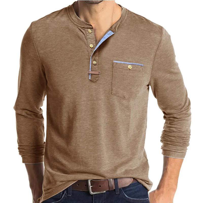 

Men s Casual Henry Collar Long Sleeve T-Shirt Fashion Patchwork Comfortable Slim Fit Basic Tees for Daily M хакі