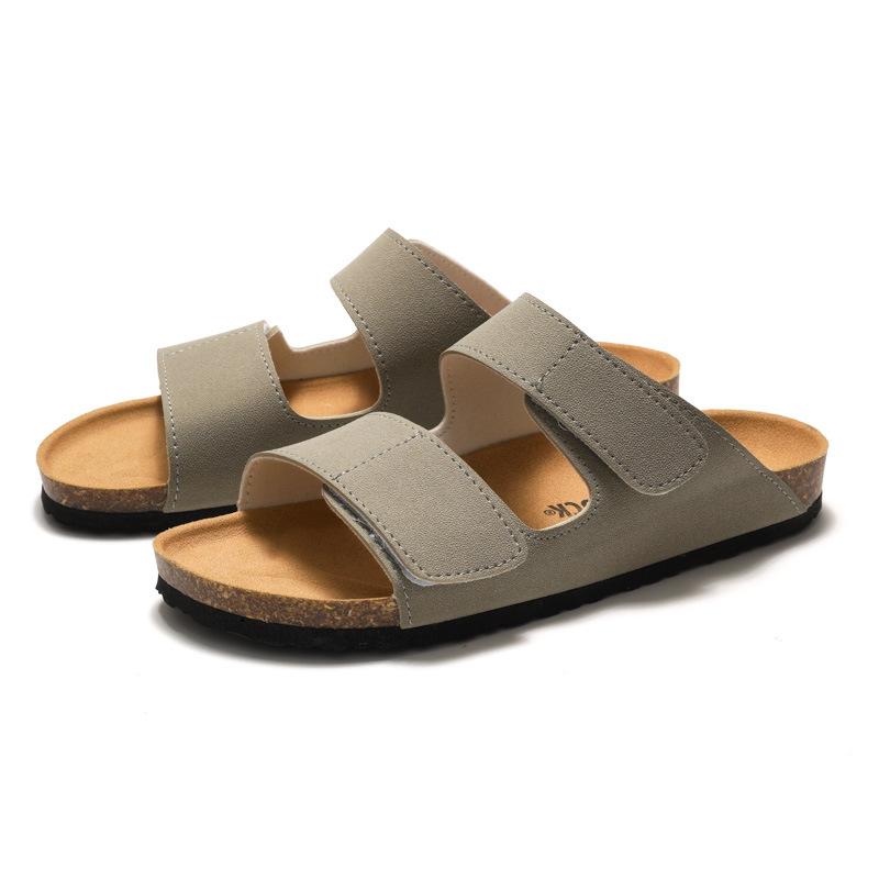Foot Men's Cork Slippers Tide Student One-Flip Double Belt Men's Beach Shoes Frosted Leather