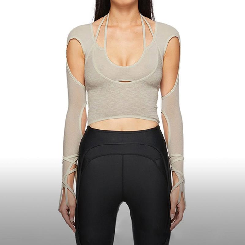 Split Hollow Tight-fitting Fake Two-piece Cropped Long-sleeved Halter T-shirt Streetwear