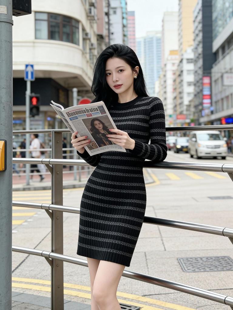 Spring Elegant Striped Knit Dress - Black
