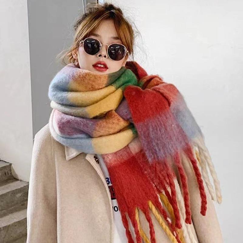Autumn and winter rainbow plaid warm scarf sweet soft waxy long mohair fringed scarf retro