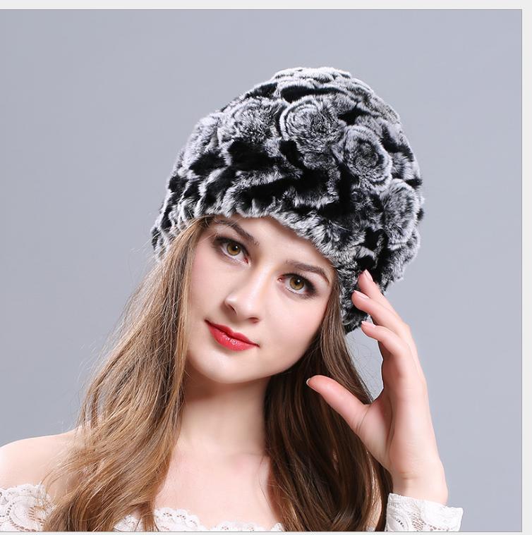 Russian Rex Rabbit Fur Hat Hand Made Knitted Beanies Soft Snow Hats