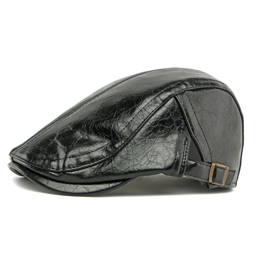 Autumn Winter Hat Men's PU Leather Beret British Retro Forward Hat Warm Peaked Cap