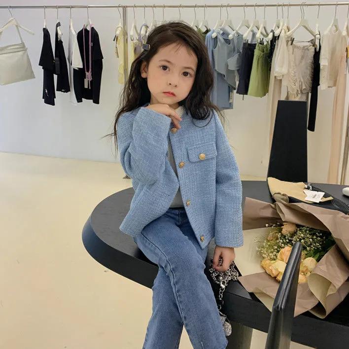 Girls Spring and Autumn Round Neck Single-breasted Blouse Casual Solid Color Middle and Large Children Jacket