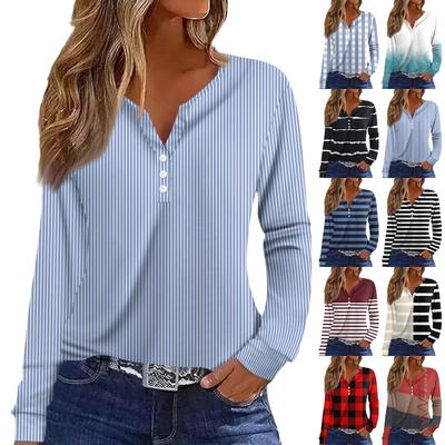 Women's T Shirt Tee Button Long Sleeve Daily Weekend Fashion Basic V- Neck Regular Top